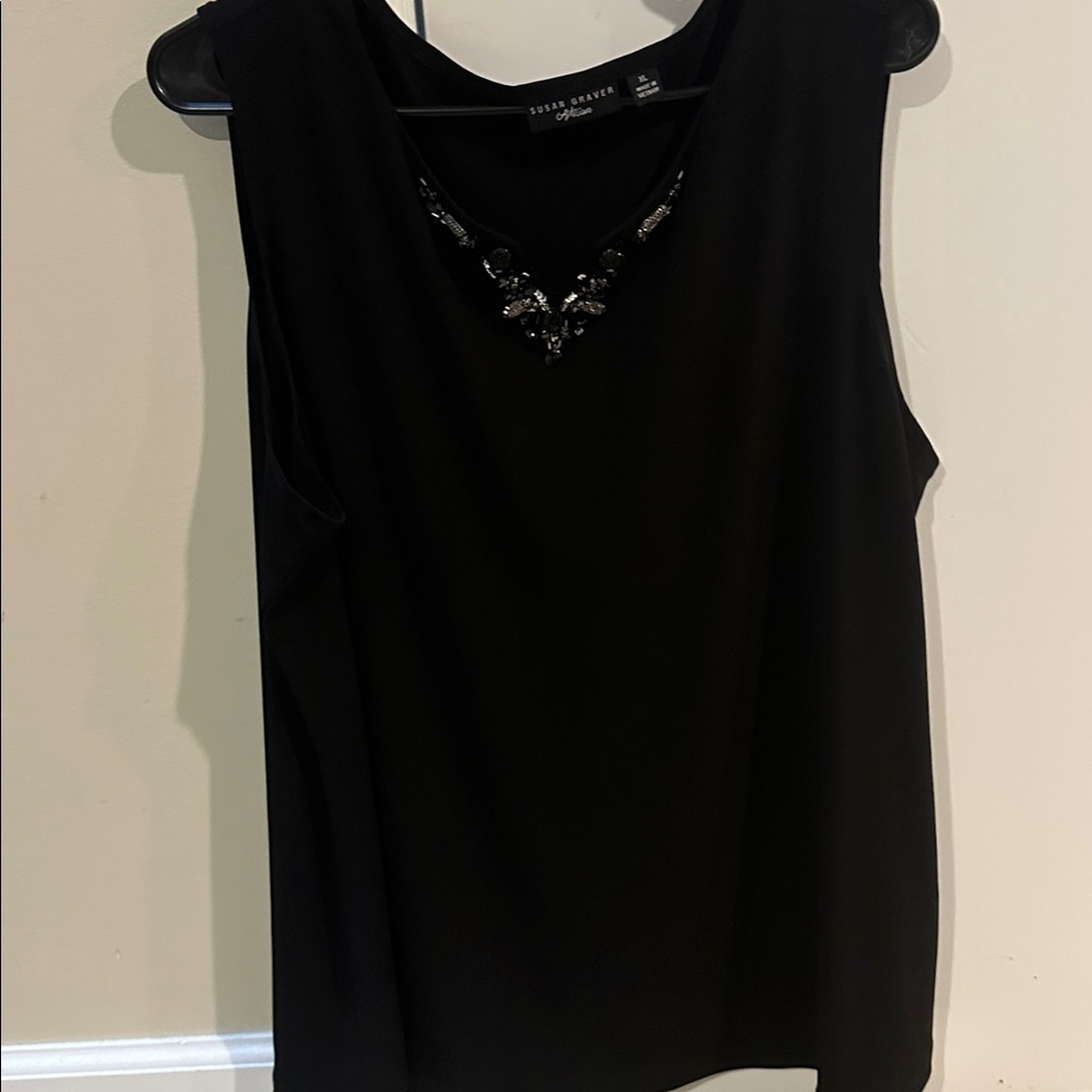 Susan Graver Black Sleeveless Top with Embellished Neckline